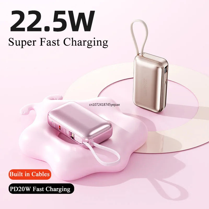 Mini Power Bank 10000mAh 22.5W PD20W Two Way Fast Charging Portable Charger External Battery Pack Built in Cables Powerbank New